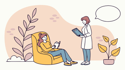 Woman reading a book in a comfortable chair while a doctor holds a tablet