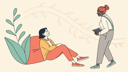 Two women in a casual meeting with plants and abstract branches