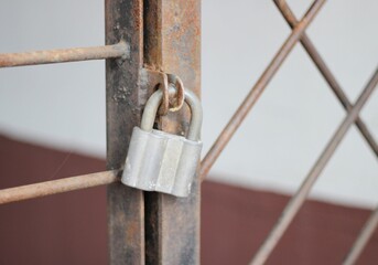 Locked metal gates fence and metal lock outdoor photo summer	

