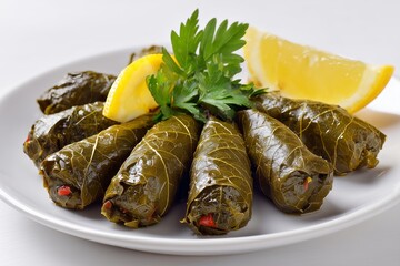 Syrian stuffed grape leaves on white background