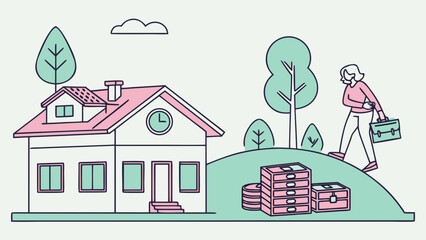 Person walking towards a house with money and boxes