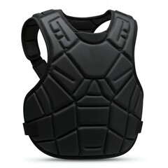 Black padded chest protector body armor for baseball catcher or umpire showing front view with adjustable shoulder straps and protective panels
