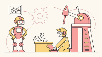 Robot technician working on a large machine with a helper robot