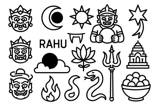Rahu mythology symbols set featuring iconic hindu elements in linear art style
