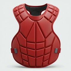 Red baseball catcher chest protector with molded plate armor and padded shoulders for professional sports safety equipment