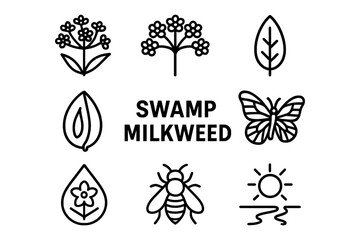 Swamp milkweed icons featuring bees, flowers, and nature elements in linear style
