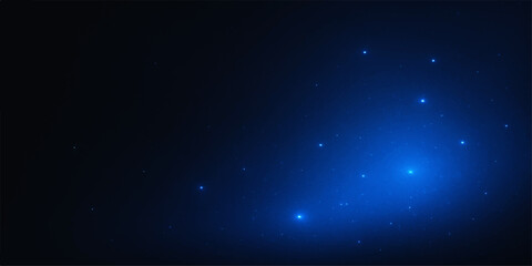 Abstract dark blue night sky with glowing stars and particles motion