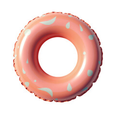 Pink inflatable swim ring decorated with simple white shapes on a colourful background.