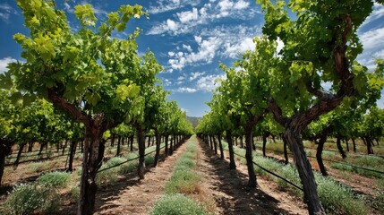 Naklejka premium Lush vineyard rows under a vibrant sky
