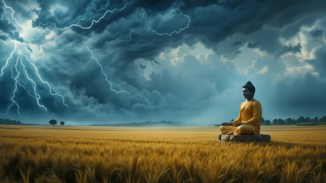Buddha statue in the middle of a meadow with a background of lightning and black clouds. 4k videos