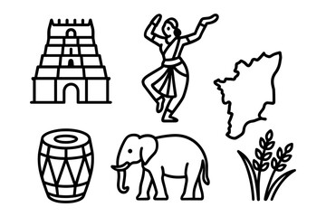 Tamil nadu heritage icons: temple, bharatanatyam, elephant, traditional drum, state map, rice