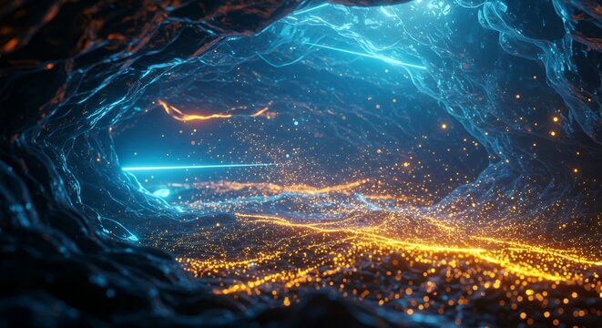 Mystical underwater cave tunnel with glowing golden and blue particles creating magical light portal effect on dark background for fantasy design - Powered by Adobe