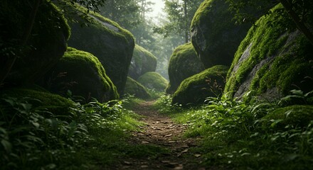 Misty forest hiking trail between giant moss covered stones, atmospheric woodland path with lush green ferns and diffused natural sunlight