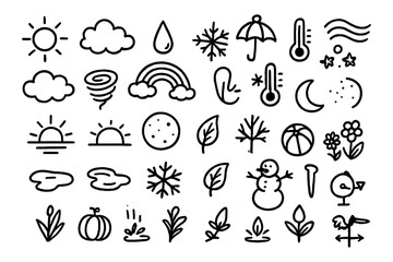 Hand drawn weather symbols collection: sun, moon, snowflake, cloud, rainbow, and more