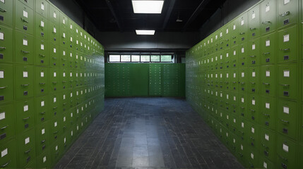 A view of a room full of abandoned filing cabinets.