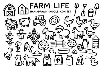 Farm life doodle icons: rustic animals, tools, and nature elements in hand-drawn style