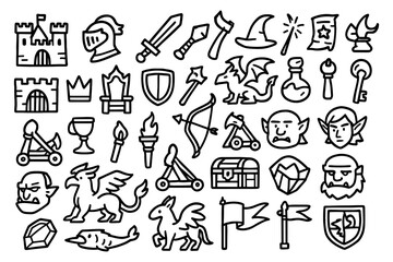 Medieval fantasy icon set featuring castles, knights, and mythical creatures in linear style