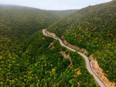 winding road through the forest . View from top of a cliff. Nova scotia canada.