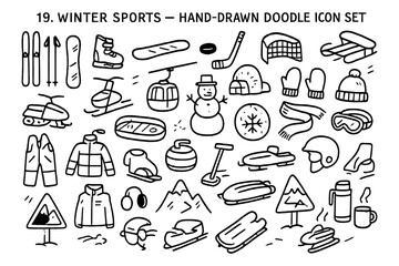 Winter sports hand drawn doodle icon collection for seasonal activities and gear