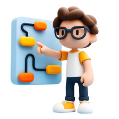 Fototapeta premium Cartoon character explaining flowchart process on interactive display with blank background