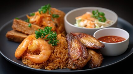 Fototapeta premium A vibrant black plate showcases yellow rice, marinated chicken wings, grilled thighs, saucy prawns, and coleslaw