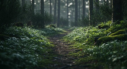 Misty forest trail path surrounded by moss-covered rocks and lush green vegetation in dense atmospheric woodland environment