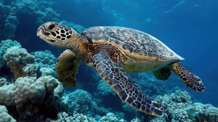 Fototapeta premium Sea turtle swimming gracefully through turquoise ocean waters near coral reef