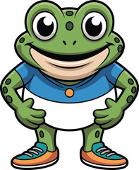 Cute cartoon frog mascot, happy green character in sporty outfit, standing smiling frog illustration, fun animal vector clipart design