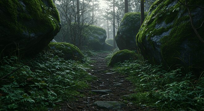 Enchanted forest pathway between giant moss-covered boulders with misty atmosphere and lush ferns for fantasy nature landscape and woodland hiking - Powered by Adobe
