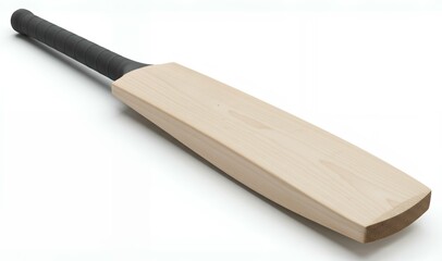 Traditional wooden cricket bat with black rubber grip handle on white background for sports equipment catalog and athletic gear product photography