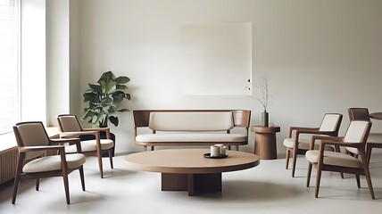 Minimalist, japandi interior design of a modern living room with stylish furniture.