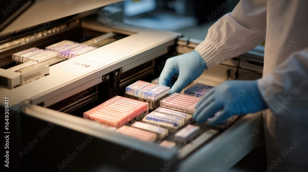 Poster technician gently arranging pathology slide trays inside a stateoftheart aiassisted scanner with a s