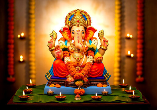 Lord ganesha statue decorated with flowers and lit diyas during a festival isolated on white background isolated on transparent background silhouette - Powered by Adobe