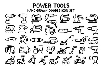 Hand-drawn doodle icon set of power tools for diy projects