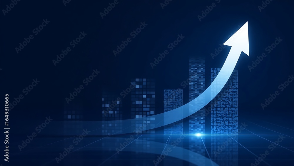 Poster business growth and financial success. a glowing neon arrow on a digital background showing an upwar
