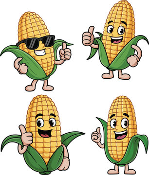 Naklejki Cute corn cartoon characters, cheerful maize mascot, thumbs up corn, happy vegetable cartoons, funny corn vector, smiling food icons