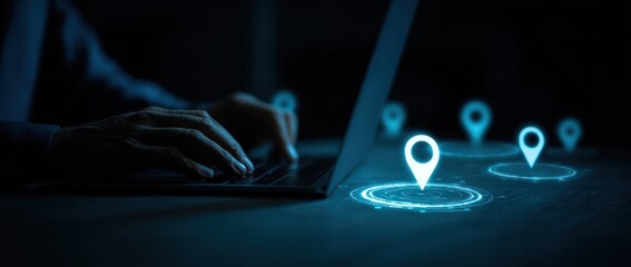 Hands typing on a laptop, location pins overlay