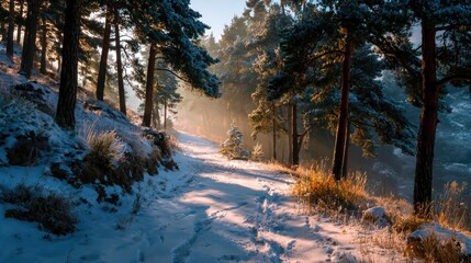 Snowy path through a sunlit pine forest