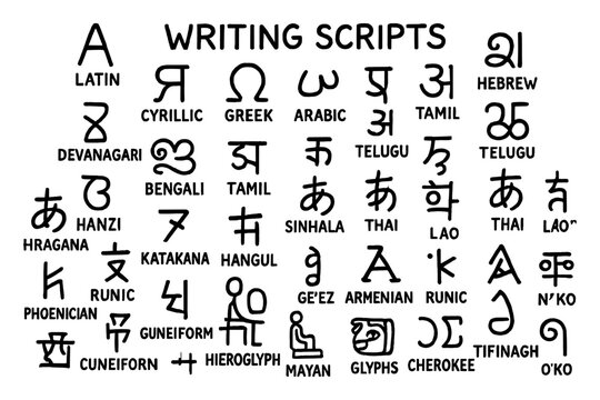 Diverse world writing scripts collection in bold hand-drawn style