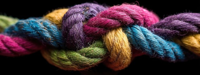 Close-up of colorful ropes intertwined in a knot against a black background