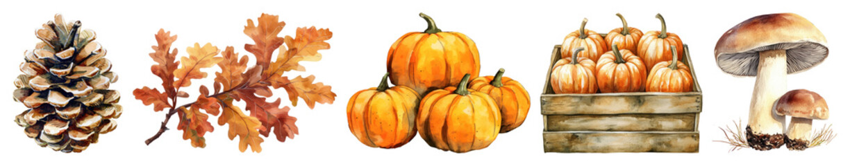 PNG Autumn harvest watercolor illustration, element set on transparent background