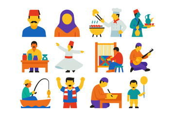 Cultural traditions and activities: diverse people in flat design illustration