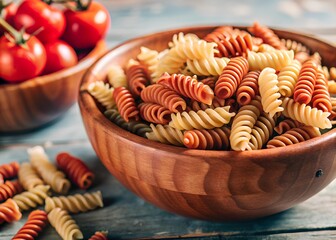 A wooden bowl filled with colorful fusilli pasta, with red and yellow spirals, placed on a rustic table beside a bowl of ripe cherry tomatoes for a vibrant scene