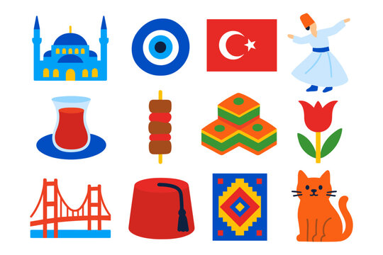 Turkish culture icons: mosque, flag, dervish, and traditional symbols in flat design