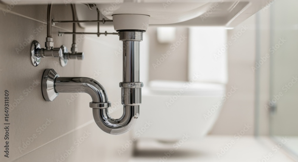 Poster tracking shot of finished ptrap installation under bathroom sink with emphasis on proper alignment a