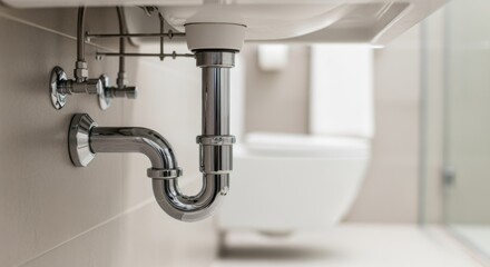 Tracking shot of finished Ptrap installation under bathroom sink with emphasis on proper alignment and secure connections.