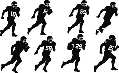 American football player silhouettes running, sports action poses, athlete illustration, team competition design