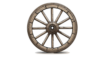 Rustic Wooden Wagon Wheel with Spokes and Hub.