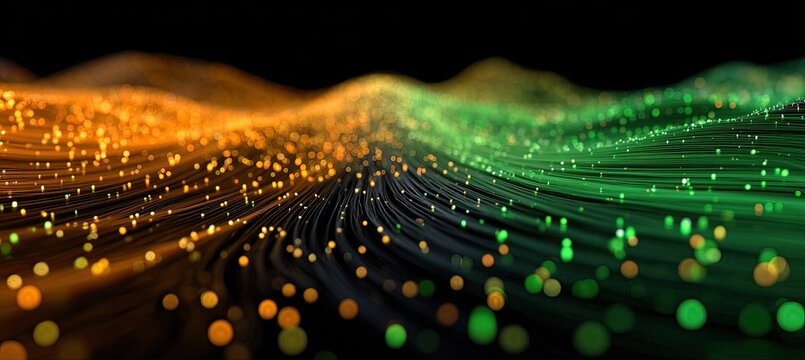 Abstract wavy, flowing patterns of glowing orange and green particles and lines