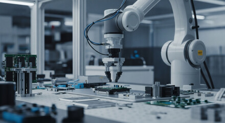 Robotic arm precisely assembling circuit boards in a modern manufacturing environment setting indoors